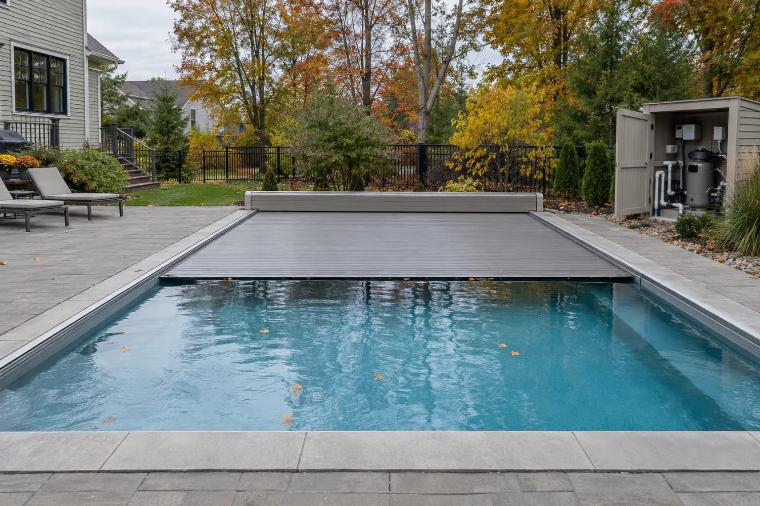 Illustrative seasonal pool cover and equipment planning concept for Pendleton, IN