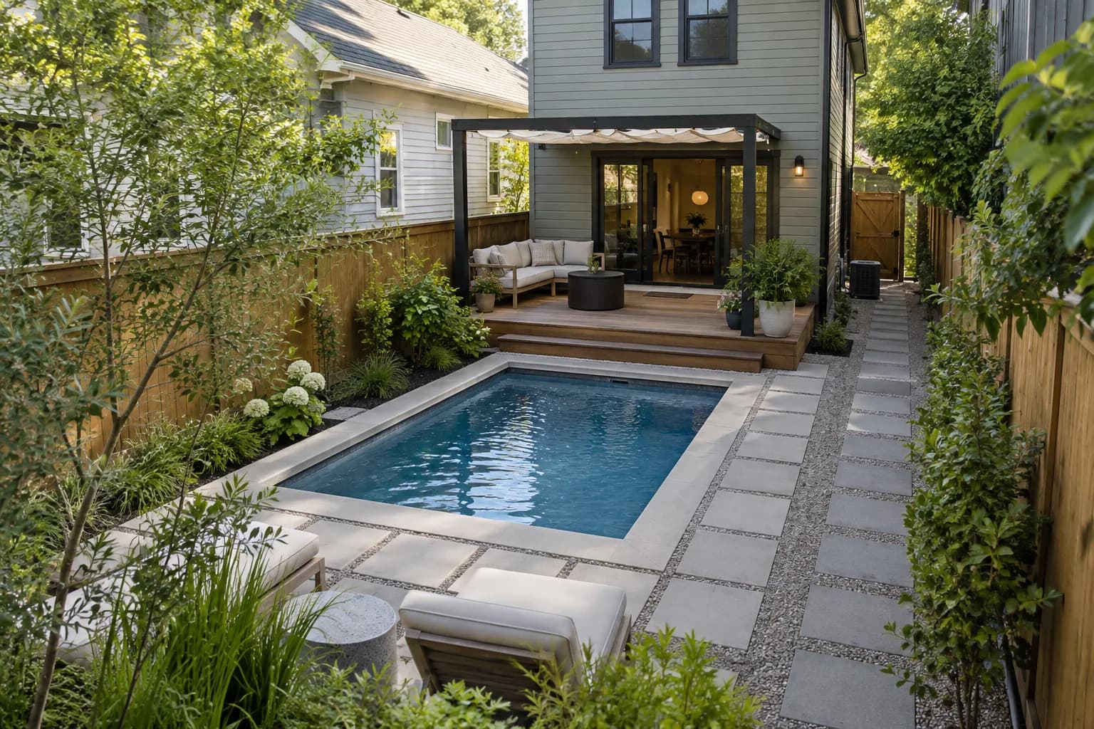 Compact plunge pool arranged within a narrow planted backyard