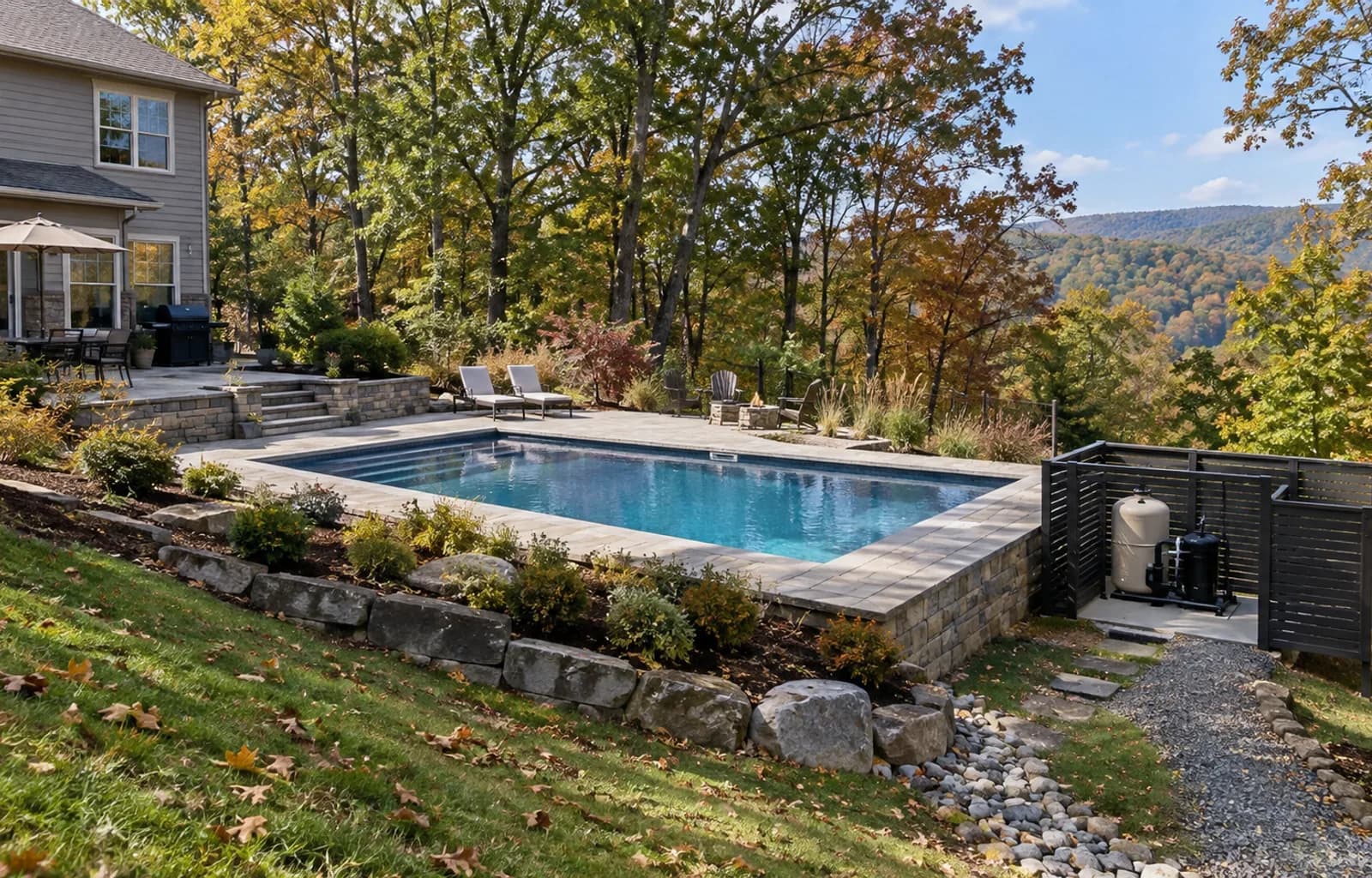 Illustrative wooded-slope pool, drainage, and equipment-access concept for Morehead, KY